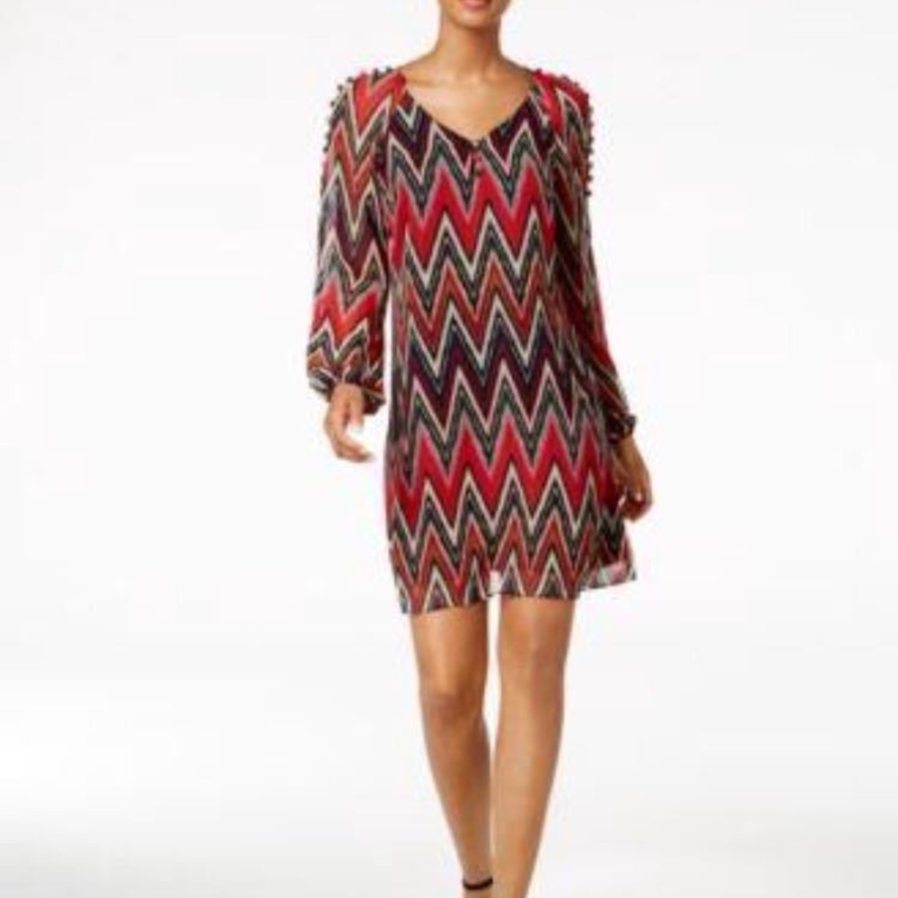 Taylor Chevron-Stripe Button-Shoulder Red Dress